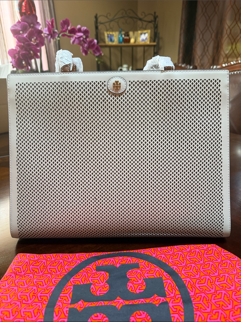 Tory Burch White Perforated Leather Top-Handle Tote